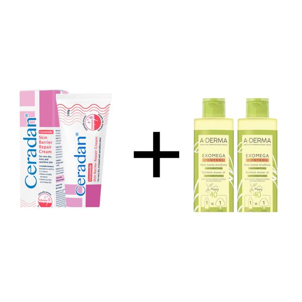 Ceradan Skin Barrier Repair Cream 150gm x 1 tube + Exomega Control Emollient Shower Oil 500ml x 2 for Kids