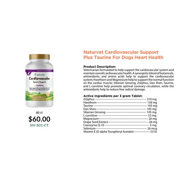 NaturVet Cardiovascular Support Plus Taurine for Dogs Heart Health 60 tablets