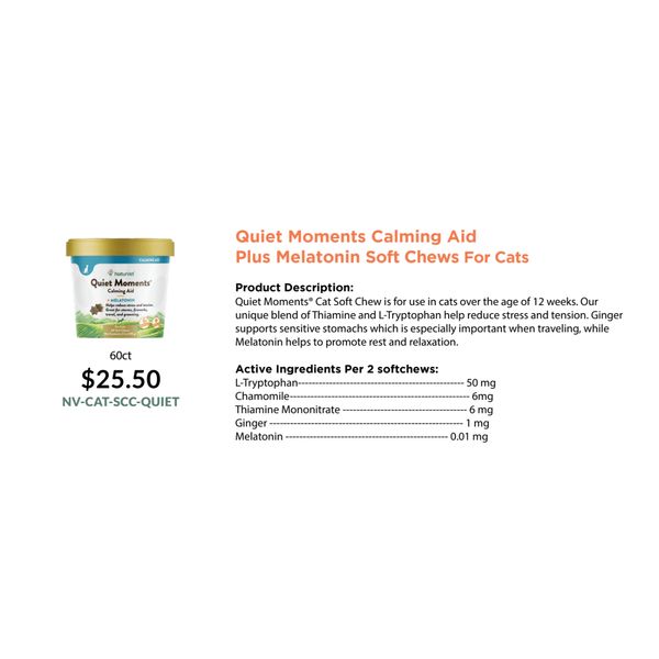 NaturVet Quiet Moments Calming Aid Plus Melatonin Soft Chews for Cats 60's