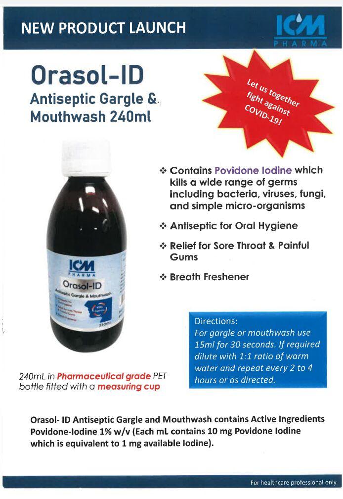 [mobileaid] ICM Orasol-Id Antiseptic Gargle And Mouthwash (Contains Povidone Iodine) 240ml x 4 bottles [LOCAL SG DELIVERY]