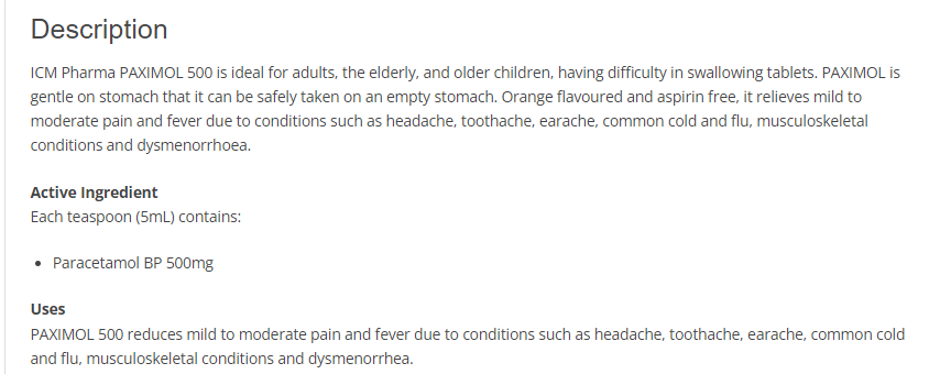 [mobileaid] ICM Paximol 500 Oral Mixture 100ml (For quick relief of Fever, Headache and Pain) (3 Btls in a pack) [LOCAL SG DELIVERY]