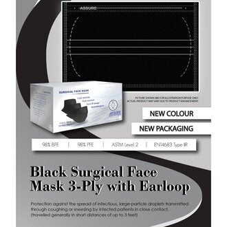 [mobileaid] Assure Black Colour Medical Grade Surgical Mask with Ear-loop 50 Pcs in a box [LOCAL SG DELIVERY]