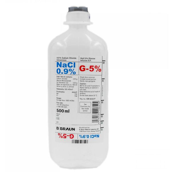 [mobileaid] B.Braun Sodium Chloride 0.9%, Glucose 5%, 500ml (10 bottles in one carton) [LOCAL SG DELIVERY]