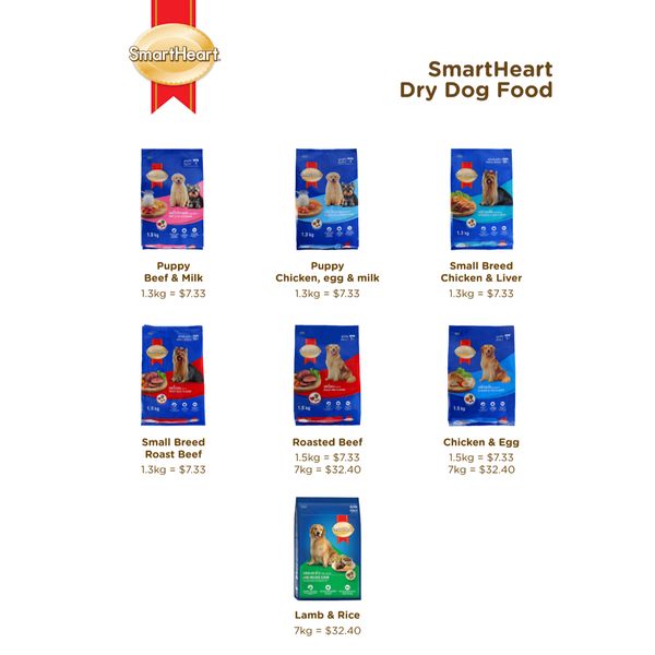 [mPets] SmartHeart Dry Dog Food - Adult/Puppy/Small Breed (1.3kg, 1.5kg, 1.7kg* bag) [LOCAL SG DELIVERY]