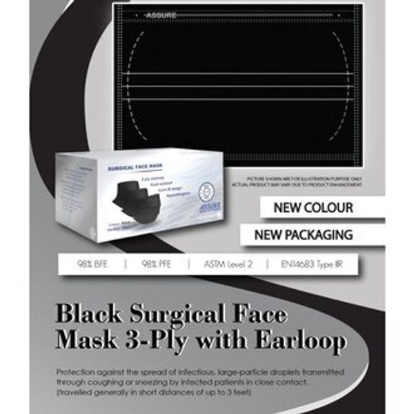 [mobileaid] Assure Black Colour Medical Grade Surgical Mask with Ear-loop 50 Pcs in a box [LOCAL SG DELIVERY]