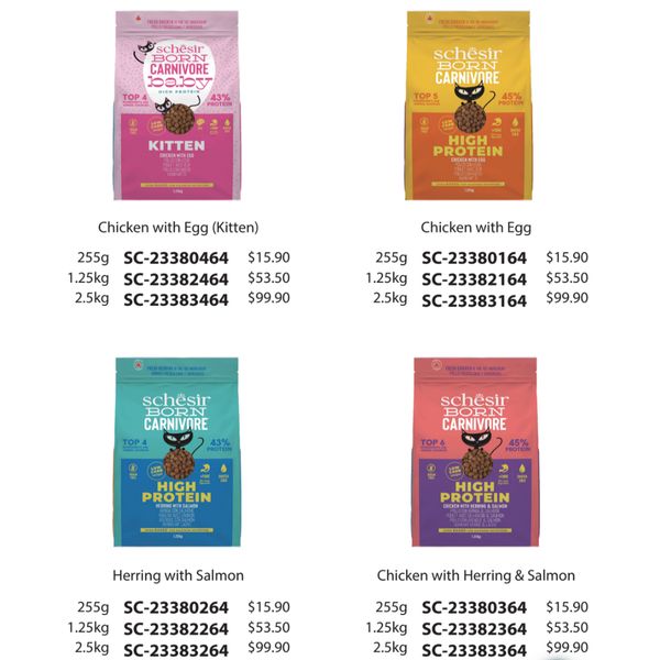 [mPets] Schesir Schesir Born Carnivore Oven Cooked Kibbles- Adult and Kitten (225g;1.25kg; 2.5kg Bag) [LOCAL SG DELIVERY]