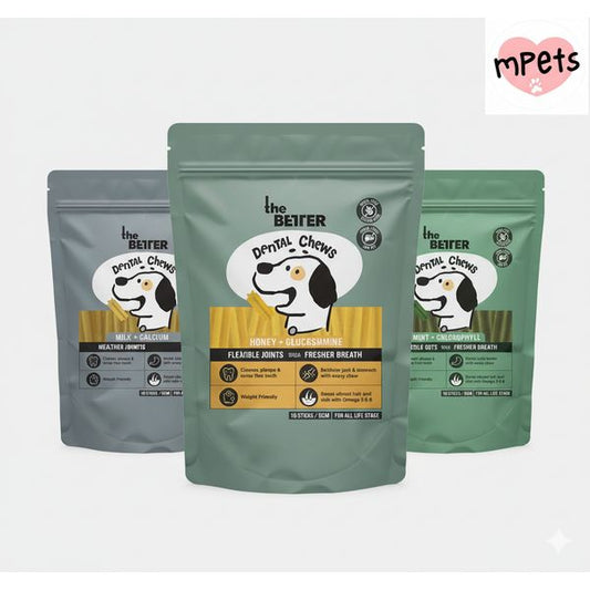[mPets] The Better Better Dental Chews Milk+Calcium Carbonate/Honey + Glucosamine/Green Tea, Chlorophyll + Mint (16 Pcs)