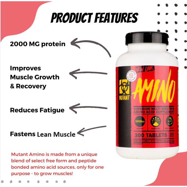 [mfoods]MUTANT AMINO, Amino Acid Supplement, 2000mg Protein, Muscle Growth & Recovery, Fastens Fat Burning, 300-600 Tablets [LOCAL SG DELIVERY]