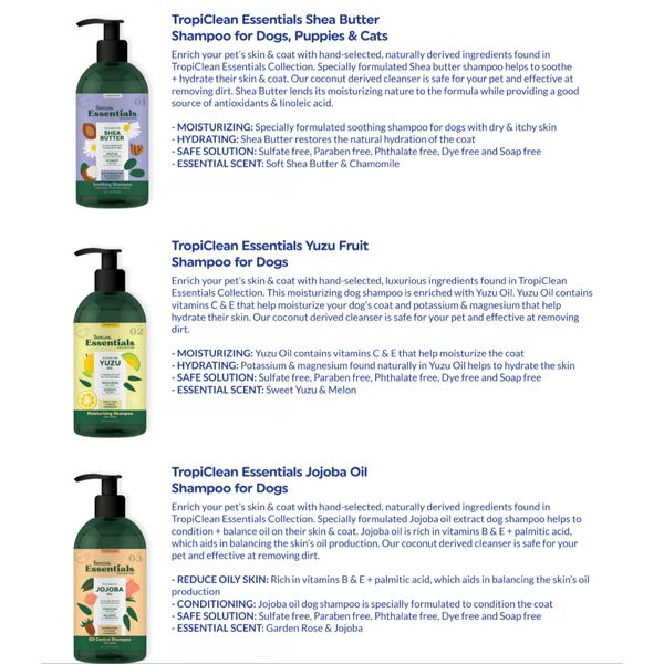 [mPets] TropiClean Essentials Shampoo/Conditioner (16fl oz)/ Deodorizing Spray (8fl oz) [LOCAL SG DELIVERY]