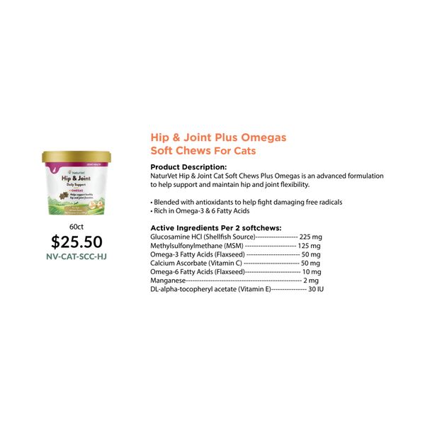 [mPets] NaturVet Hip and Joint Plus Omegas Soft Chews for Cats 60's [LOCAL SG DELIVERY]