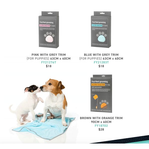 [mPets] FuzzYard Pink/Blue with Grey Trim (63cm x 40cm) OR Brown with Orange Trim (90cm x 60cm) Microfibre Drying Towel for puppies [LOCAL SG DELIVERY]