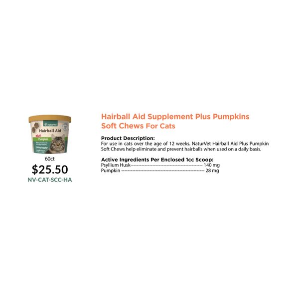 [mPets] NaturVet Hairball Aid Supplement Plus Pumpkins Soft Chews for Cats 60's [LOCAL SG DELIVERY]