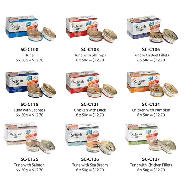 Schesir Canned Single Serving Cat Food in Jelly/Water (Box of 6 x 50g Tins)