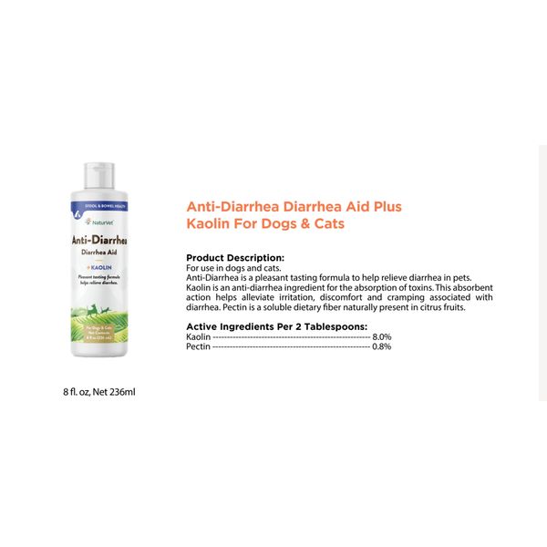 [mPets] NaturVet Anti-Diarrhea Diarrhea Aid Plus Kaolin for Dogs and Cats 236ml [LOCAL SG DELIVERY]