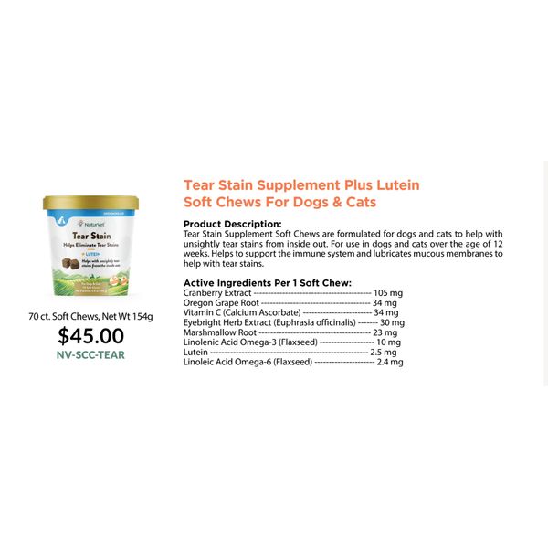 [mPets] NaturVet Tear Stain Supplement Plus Lutein Soft Chews for Dogs and Cats 154g [LOCAL SG DELIVERY]