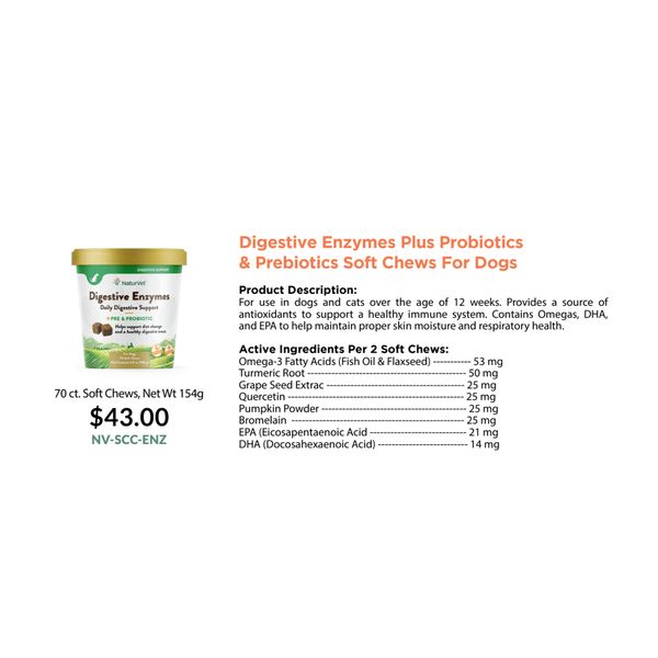 [mPets] NaturVet Digestive Enzymes Plus Probiotics and Prebiotics Soft Chews for Dogs 154g [LOCAL SG DELIVERY]