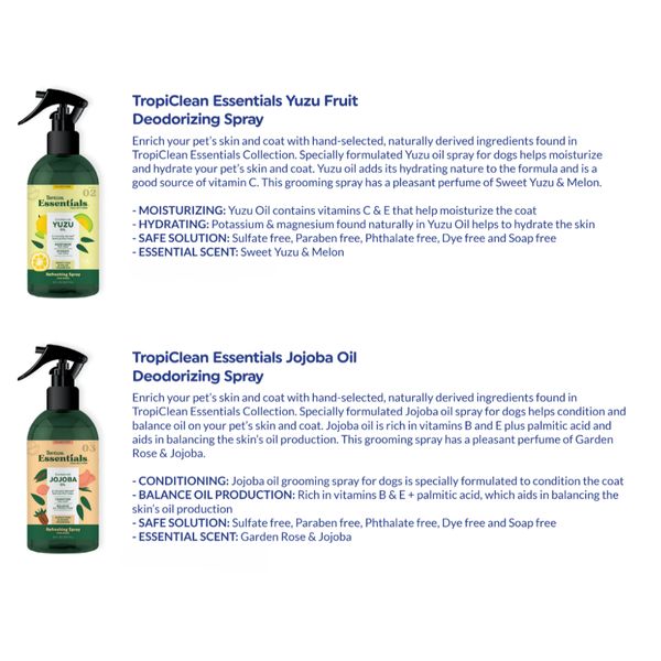 [mPets] TropiClean Essentials Shampoo/Conditioner (16fl oz)/ Deodorizing Spray (8fl oz) [LOCAL SG DELIVERY]