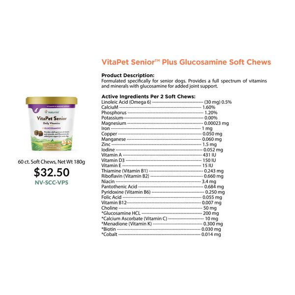 [mPets] NaturVet VitaPet Senior Plus Glucosamine Soft Chews 180g for Senior Dogs [LOCAL SG DELIVERY]