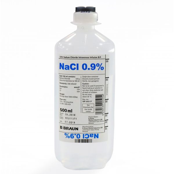 B.Braun Sodium Chloride Intravenous Infusion, B. P. 0.9%, 500ml (10 bottles in one box)