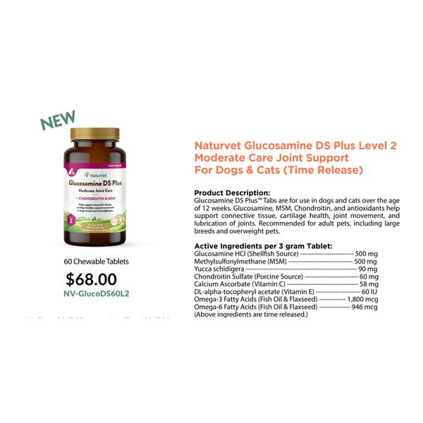 [mPets] NaturVet Glucosamine DS Plus Level 2 Moderate Care Joint Support for Dogs and Cats (Time Release) 60/120/180 Tablets [LOCAL SG DELIVERY]