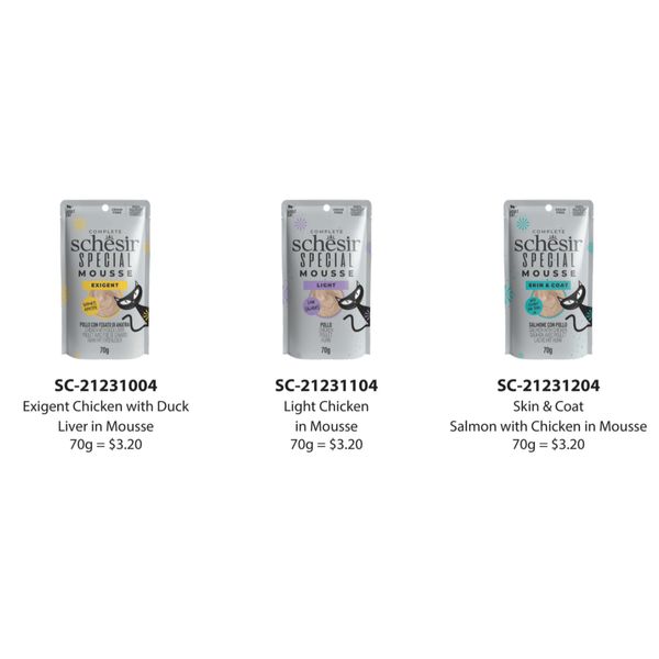 [mPets] Schesir Schesir Special Series Cat Velvet Mousse - Variants Available for Cat's Special Needs: Exigent; Low Calories; Skin & Coat Health (70g Pouch) [LOCAL SG DELIVERY]