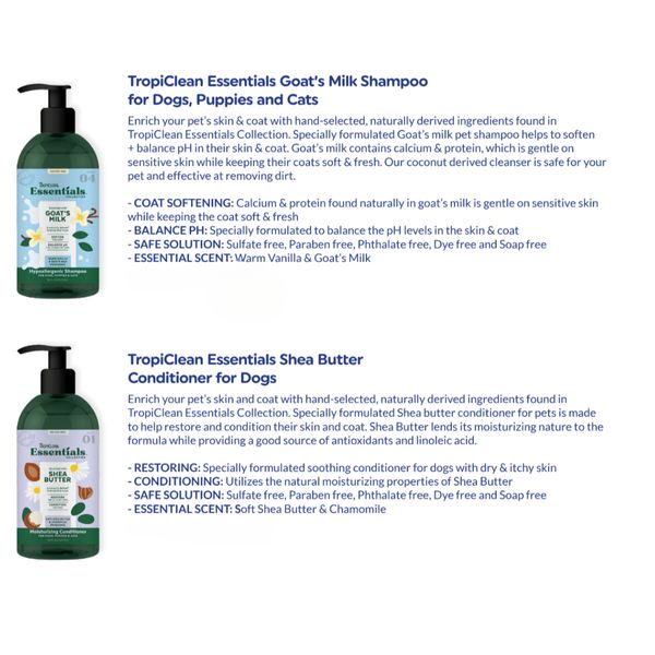 [mPets] TropiClean Essentials Shampoo/Conditioner (16fl oz)/ Deodorizing Spray (8fl oz) [LOCAL SG DELIVERY]