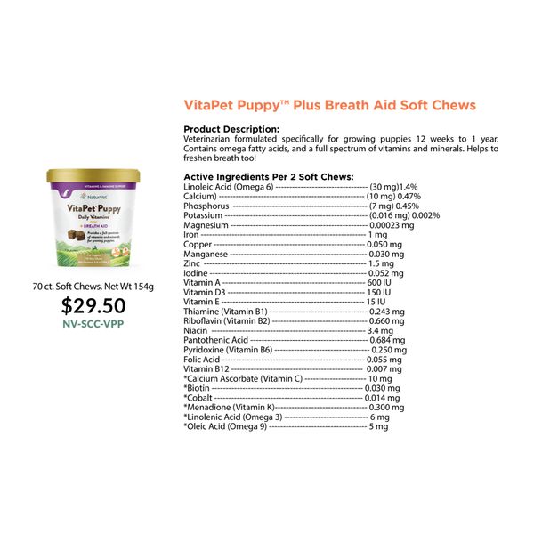 [mPets] NaturVet VitaPet Puppy Plus Breath Aid Soft Chews for Dogs 154g [LOCAL SG DELIVERY]