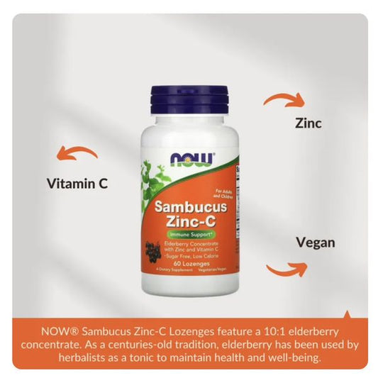 [mfoods] Now Foods, Sambucus Zinc w Vitamin C, Sugar Free, Low Calorie, Botanical/ Herbs, 60 Lozenges [LOCAL SG DELIVERY]
