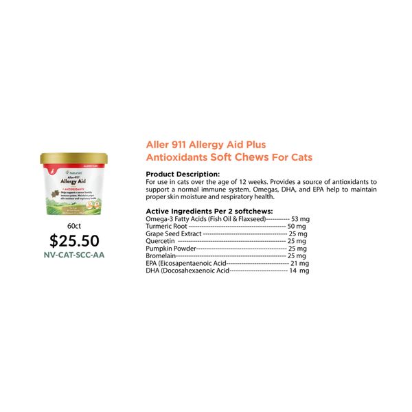 [mPets] NaturVet Aller 911 Allergy Aid Plus Antioxidants Soft Chews for Cat 60's [LOCAL SG DELIVERY]