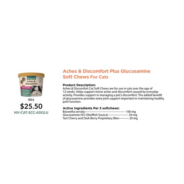 [mPets] NaturVet Aches & Discomfort Plus Glucosamine Soft Chews for Cats 60's [LOCAL SG DELIVERY]