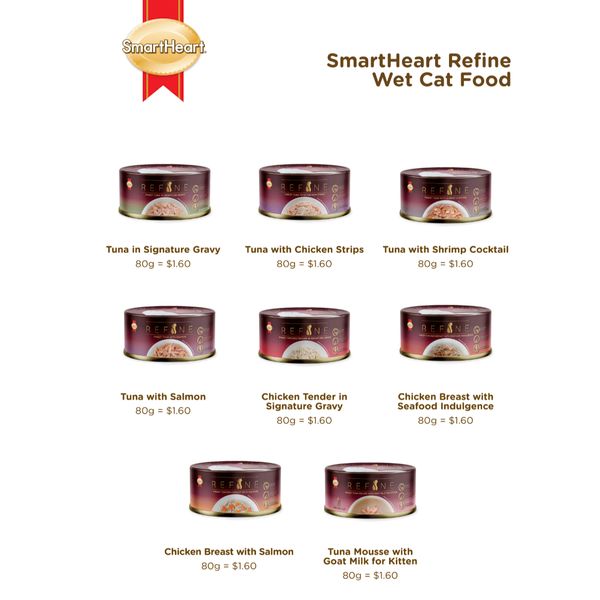 [mPets] SmartHeart Wet Cat Food - SmartHeart Refine Series - Kitten Option Available (80g Tin) [LOCAL SG DELIVERY]